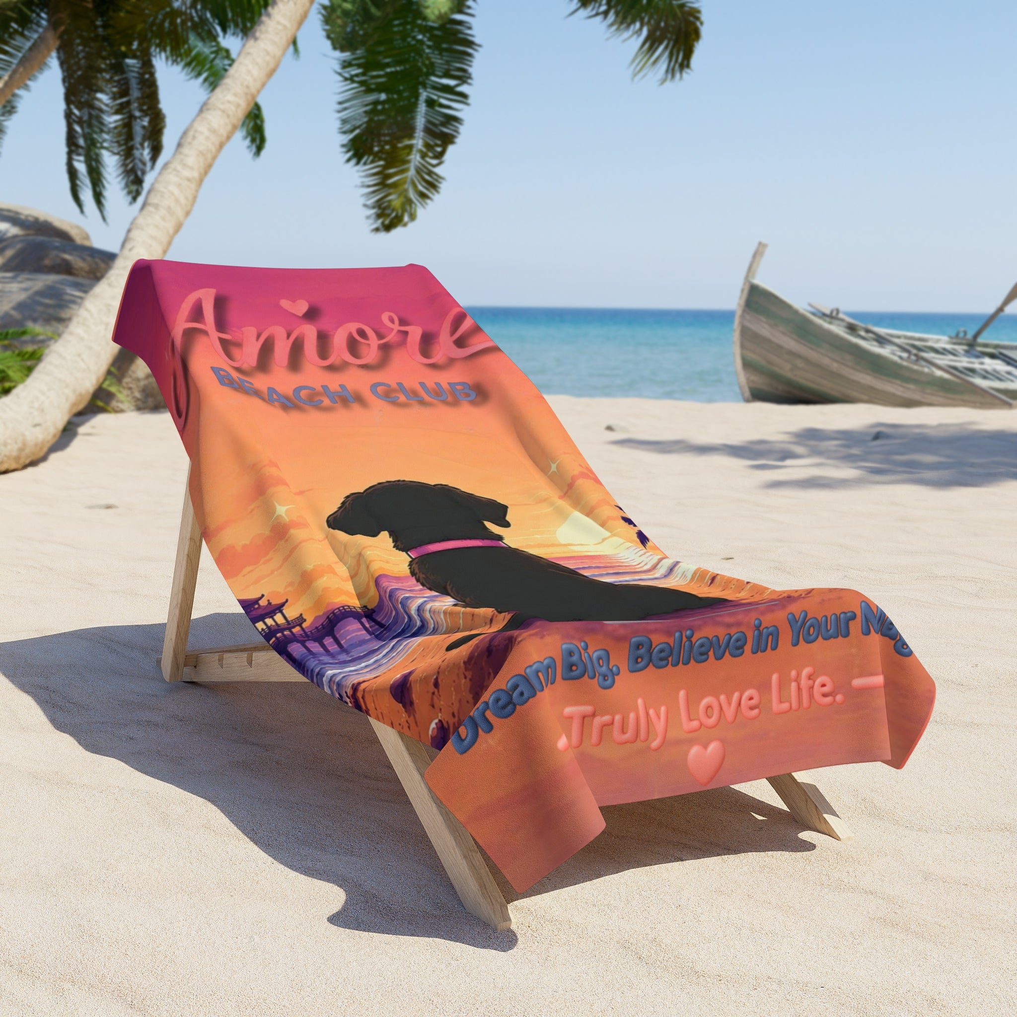 Amore Beach Club Beach Towel | Sunset Dog Silhouette